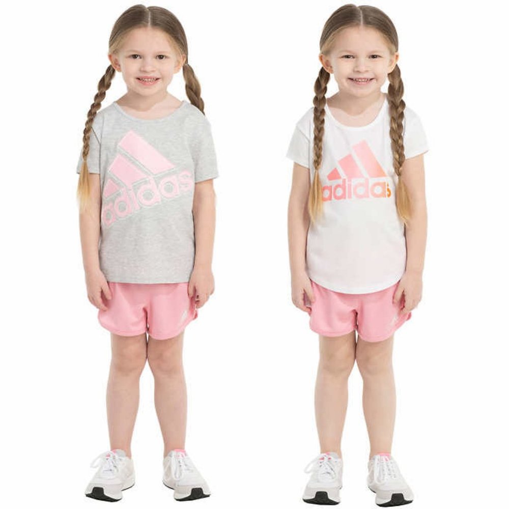 NWT adidas Kids' 3-piece Shorts & Tees Set, Pink-Gray-White Size 6